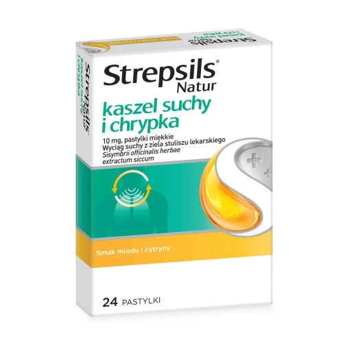 Strepsils Natur Kaszel suchy i chrypka 10 mg, 24 pastylki - Pastylki miękkie z wyciągiem z ziela stuliszu lekarskiego 