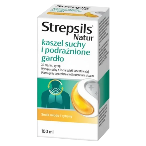 Strepsils Natur Kaszel suchy i podrażnione gardło 30 mg, 100 ml - Syrop z wyciągiem z lisćia babki lancetowatej