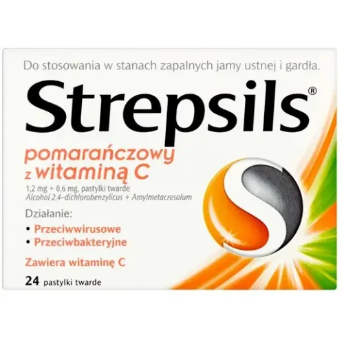 Strepsils pomarańczowy z witaminą C,  24 pastylki do ssania - Na ból gardła