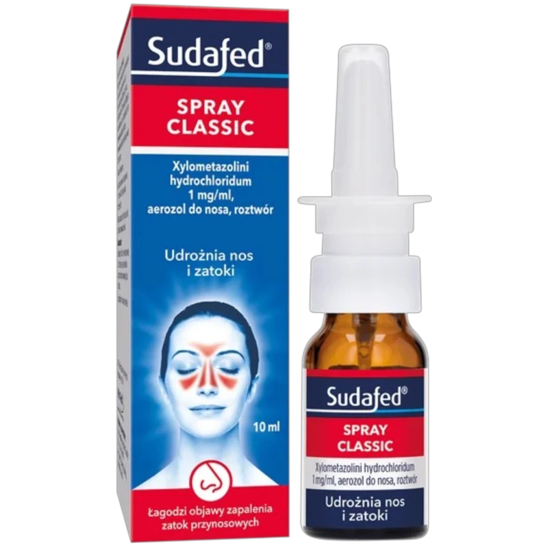 Sudafed  Spray Classic 1 mg/ ml, aerozol do nosa, 10 ml - Obkurcza naczynia krwionośne, przez co zmniejsza obrzęk błony śluzowej nosa