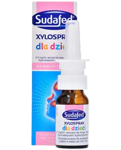 Sudafed XyloSpray dla dzieci, 0,5 mg/ml, aerozol do nosa, 10 ml - Obkurcza nosa naczynia krwionośne, przez co zmniejsza obrzęk błony śluzowej nosa