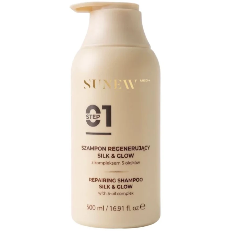 SunewMed+ Silk & Glow Szampon regenerujący z kompleksem 5 olejków, 500 ml - Dla włosów zniszczonych, suchych i puszących się