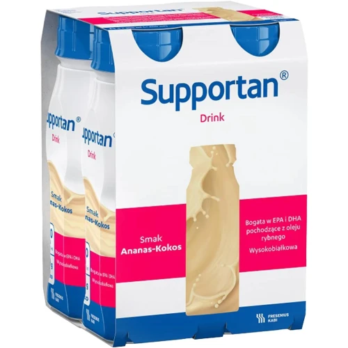 Supportan Drink o smaku ananasowo-kokosowym, 4 x 200 ml - Kompletna dieta wysokoenergetyczna, wysokobiałkowa, bogata w tłuszcz oraz EPA i DHA