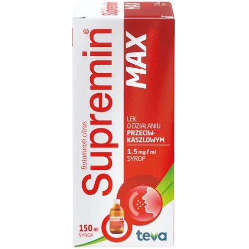 Supremin Max syrop, 150 ml - Zmniejsza częstość i natężenie kaszlu poprzez hamowanie odruchu kaszlowego
