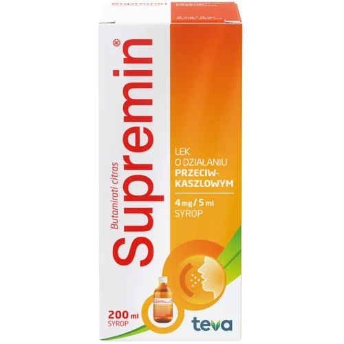 Supremin syrop,  200 ml - Zmniejsza częstość i natężenie kaszlu poprzez hamowanie odruchu kaszlowego