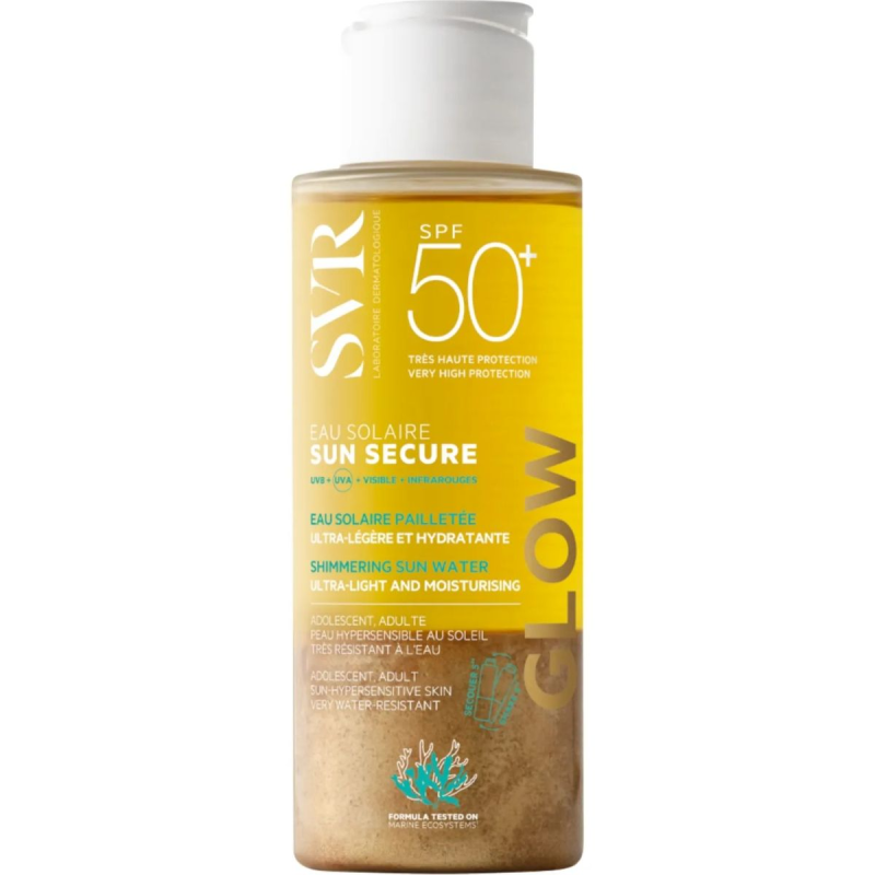 SVR Sun Secure Glow Rozświetlająca woda słoneczna SPF 50+, 100 ml - Dwufazowa rozświetlająca woda do twarzy i ciała
