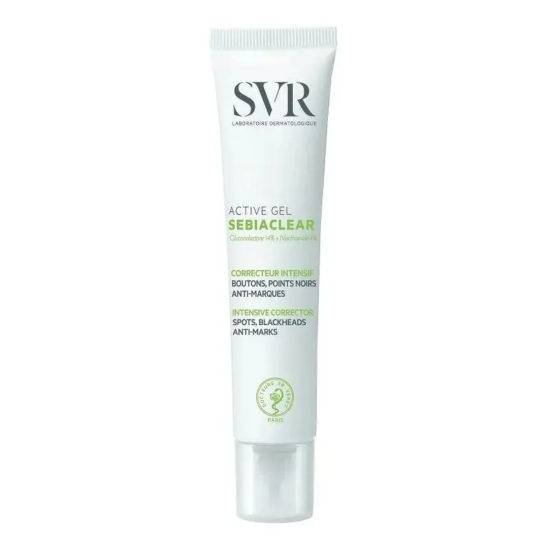 SVR Sebiaclear Active Gel Żel intensywnie korygujący niedoskonałości, 40 ml  - Aktywny żel redukujący krostki, grudki, zaskórniki, ślady pozapalne