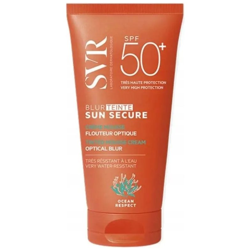 SVR Sun Secure Blur Teinte SPF 50+ Koloryzujący krem ochronny, 50 ml  - Delikatny, kremowy mus optycznie ujednolicający koloryt skóry