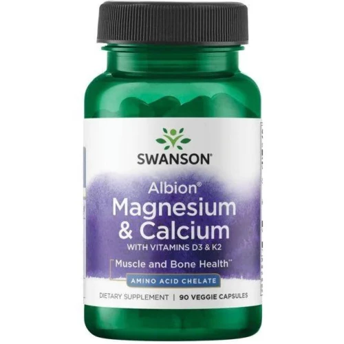 Swanson Albion Magnesium & Calcium z D3 i K2, 90 kapsułek - Połączenie magnezu i wapnia z witaminami D3 i K2