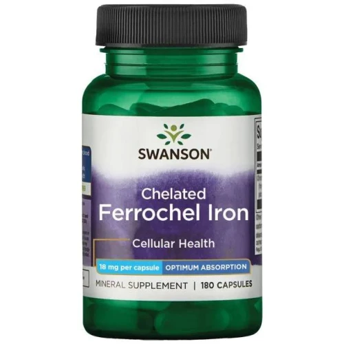 Swanson Albion Chelat Żelaza Ferrochel 18 mg, 180 kapsułek - Łatwo przyswajalna forma żelaza