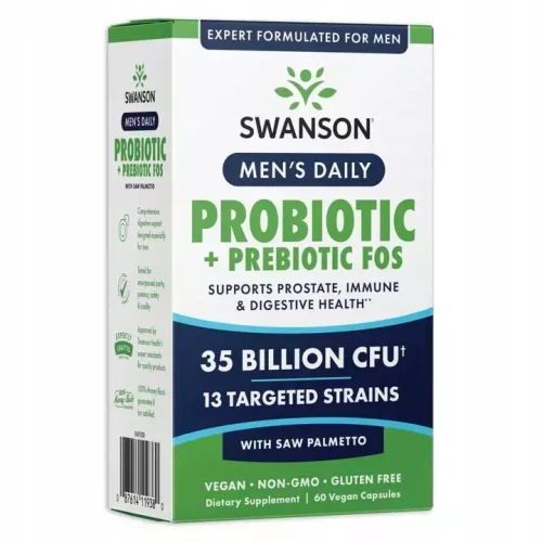 Swanson Men's Daily Probiotic + Prebiotic FOS, 60 kapsułek - Mieszanka szczepów  probiotycznych dla mężczyzn