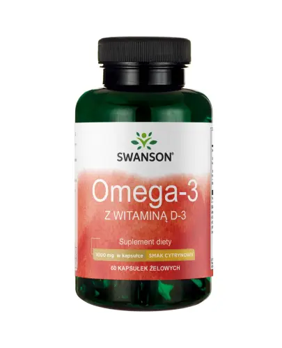 Swanson Omega-3 z Witaminą D3, 60 kapsułek -  Z dodatkiem olejku cytrynowego, który zmniejsza specyficzny aromat oleju
