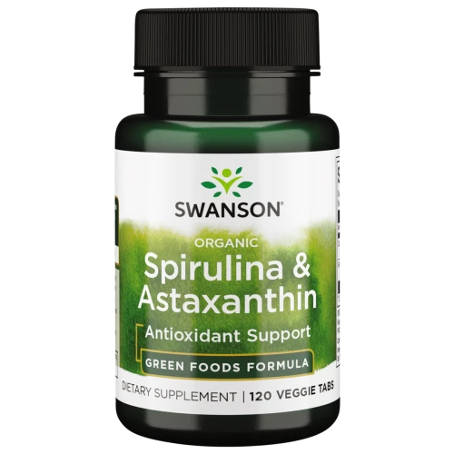 Swanson Organiczna Spirulina i Astaksantyna, 120 tabletek - Źródło wegetariańskiego białka, aminokwasów, witamin z grupy B i przeciwutleniaczy