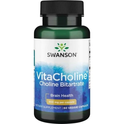 Swanson VitaCholine 300 mg, 60 kapsułek - Z choliną, która wpływa na działanie mózgu, poprawia koncentrację, usprawnia pamięć