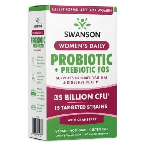 Swanson Women's Daily Probiotic + Prebiotic FOS, 60 kapsułek - Wspiera zdrowie układu pokarmowego i odpornościowego kobiet