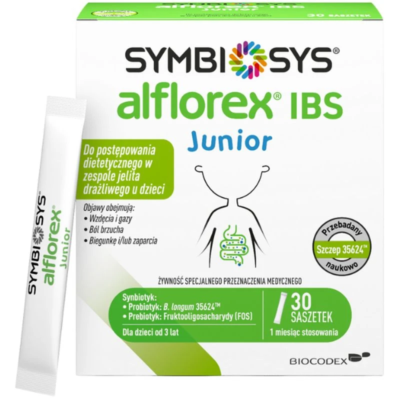 Symbiosys Alflorex IBS Junior, 30 saszetek - Wspomaga łagodzenie wzdęć i bólów brzuch u dzieci z zespołem jelita IBS