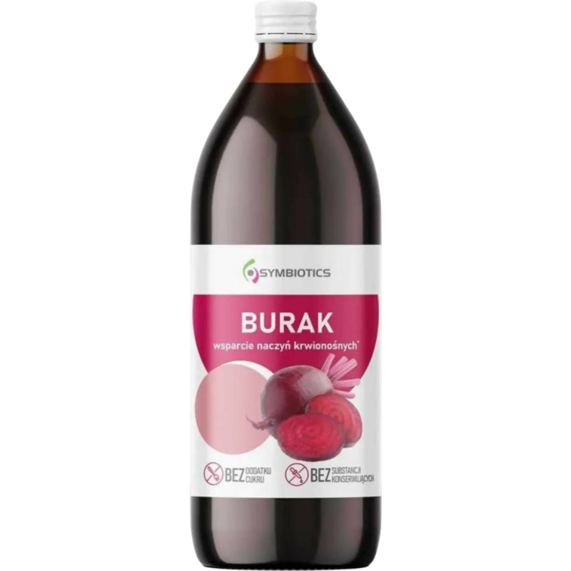Symbiotics Sok z Buraka, 1000 ml - Wyprodukowany z soku 100% z bulw buraków ćwikłowych z dodatkiem witaminy C