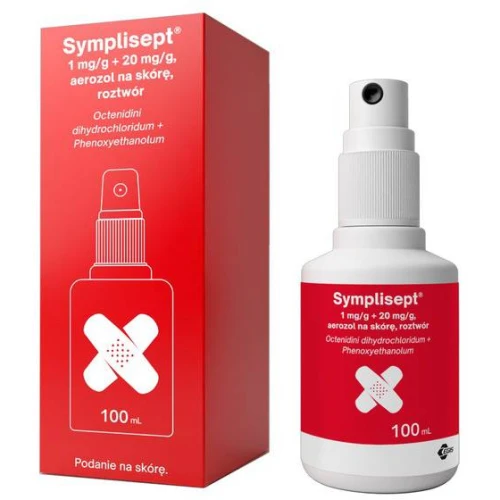 Symplisept, 1 mg/g + 20 mg/g, aerozol na skórę, 100 ml - Przeznaczony do odkażania ran i skóry