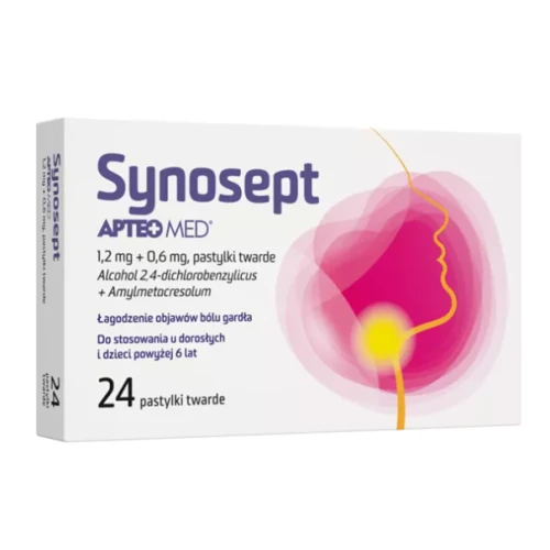 Synosept Apteo Med 1,2 mg + 0,6 mg, 24 pastylki do ssania - Pastylki na ból gardła