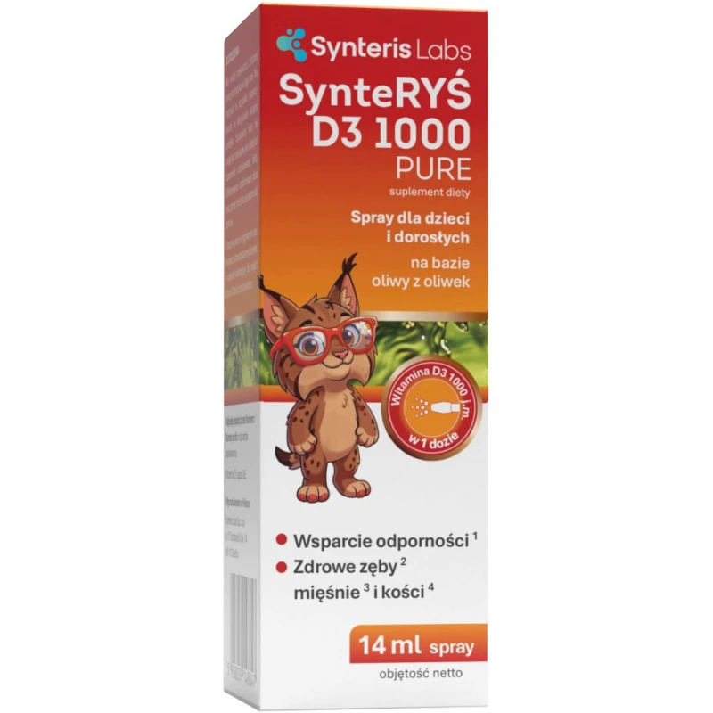 SynteRyś D3 1000 Pure Witamina D3, spray 14 ml - Wygodny spray z D3 dla dzieci i dorosłych 