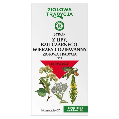 Ziołowa tradycja Syrop z lipy, bzu czarnego, wierzby i dziewanny, 125 g - Łagodny środek napotny w niewysokiej gorączce