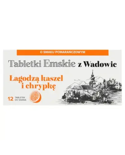 Tabletki Emskie z Wadowic o smaku pomarańczowym, 12 tabletek do ssania - Pastylki do ssania na kaszel i chrypkę