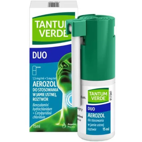 Tantum Verde Duo, 1,5 mg/ml + 5 mg/ml, aerozol do stosowania w jamie ustnej 15 ml - Podwójna siła w walce z bólem i infekcją gardła