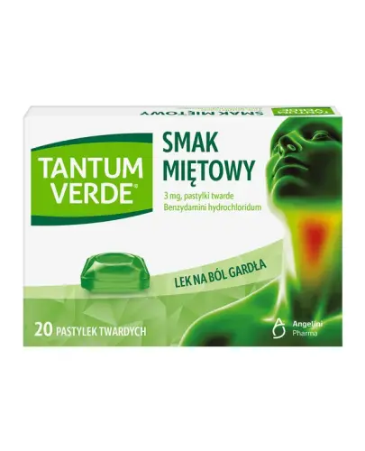 Tantum Verde smak miętowy, 20 pastylek twardych - Leczenie dolegliwości i objawów związanych ze stanami zapalnymi jamy ustnej i gardła
