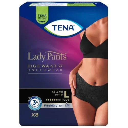Tena Lady Pants Black Plus Majtki chłonne z wysokim stanem L, 8 sztuk - Majtki na nietrzymanie moczu w stopniu średnim