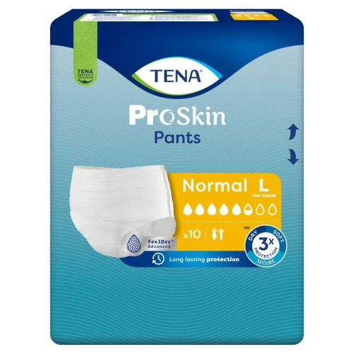 Tena Pants ProSkin Normal L Majtki chłonne, 10 sztuk - Pełna ochrona w średnim i ciężkim stopniu nietrzymania moczu, delikatne dla skóry