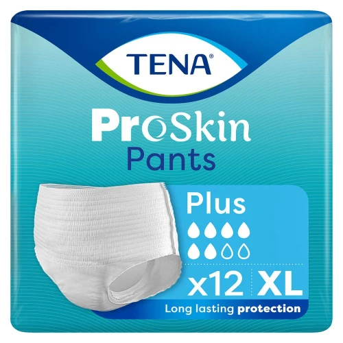 Tena Pants ProSkin Plus XL Majtki chłonne, 12 sztuk - Błyskawiczne wchłanianie wilgoci oraz długotrwałe poczucie suchości zarówno w dzień, jak i w nocy