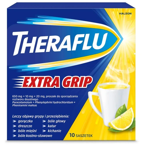 Theraflu Extra Grip proszek do sporządzania roztworu doustnego, 10 saszetek - Saszetki do leczenia objawów grypy i przeziębienia