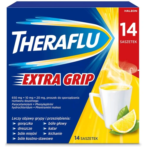Theraflu Extra Grip proszek do sporządzania roztworu doustnego, 14 saszetek - Saszetki do leczenia objawów grypy i przeziębienia