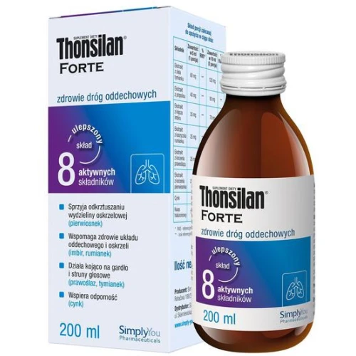 Thonsilan Forte, smak malinowy, syrop 200 ml - Pelargonia, prawoślaz, tymianek wspierają drogi oddechowe