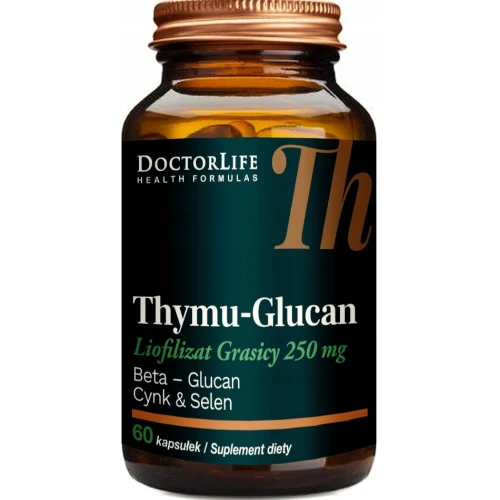 Doctor Life Thymu-Glucan, liofilizat grasicy 250 mg,  60 kapsułek - Połączenie liofilizatu grasicy, beta-glukanu, cynku i selenu