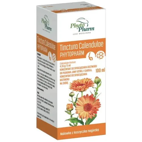 Tinctura Calendulae Phytopharm, koncentrat do sporządzania roztworu, 100 ml - Do płukania w stanach zapalnych błony śluzowej jamy ustnej i gardła
