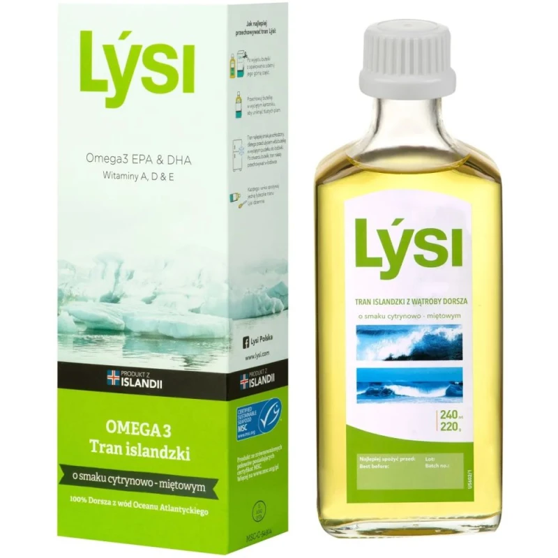 Lýsi Tran islandzki o smaku cytrynowo-miętowym, 240 ml - Olej z wątroby dorsza z witaminami A, D i E oraz kwasami Omega-3 