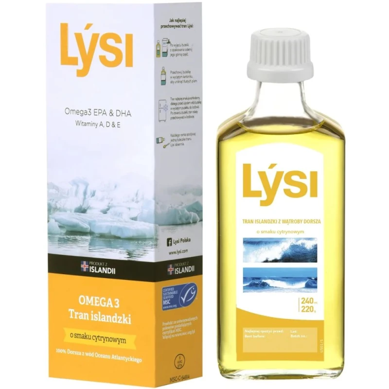 Lýsi Tran islandzki o smaku cytrynowym, 240 ml - Olej z wątroby dorsza z witaminami A, D i E oraz kwasami Omega-3 