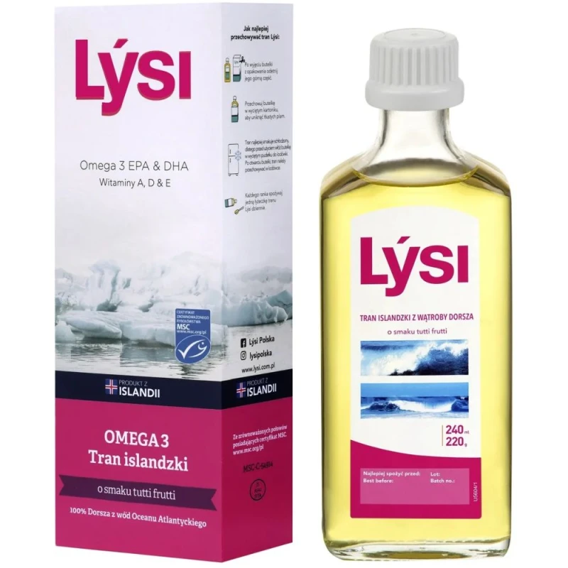 Lýsi Tran islandzki o smaku tutti frutti, 240 ml - Olej z wątroby dorsza z witaminami A, D i E oraz kwasami Omega-3