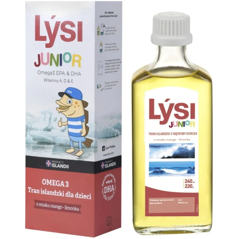 Lýsi Tran Islandzki dla dzieci o smaku mango-limonka, 240 ml - Kompozycja tranu i oleju z tuńczyka z omega-3 oraz witaminami