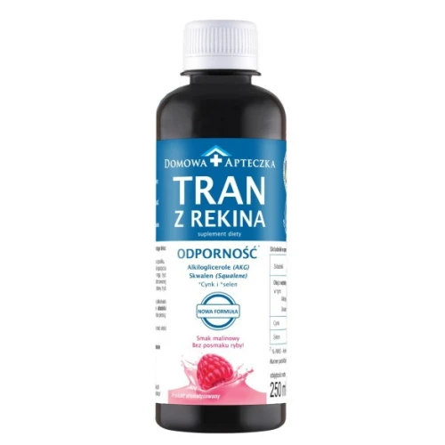 Tran z rekina o smaku malinowym - Nowa Formuła, 250 ml - Emulsja z alkiloglicerolami, cynkiem i selenem, bez posmaku ryby