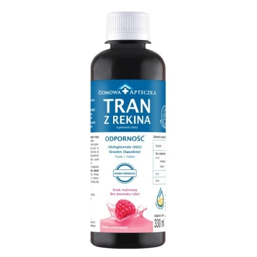 Tran z rekina o smaku malinowym - Nowa Formuła, 330 ml - Składniki wspierające prawidłowe funkcjonowanie organizmu