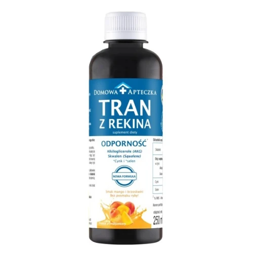 Tran z rekina o smaku mango-brzoskwinia - Nowa Formuła, 250 ml - Emulsja z AKG, cynkiem i selenem, bez posmaku ryby