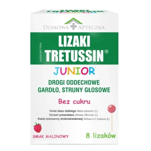 Domowa Apteczka Tretussin Junior bez cukru, smak malinowy,  8 lizaków -  Ekstrakty roślinne łagodzą ból gardła i chrypkę