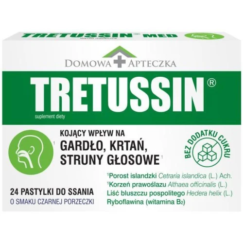 Tretussin o smaku czarnej porzeczki, bez cukru, 24 pastylki do ssania - Z ekstraktem z prawoślazu lekarskiego i porostu islandzkiego