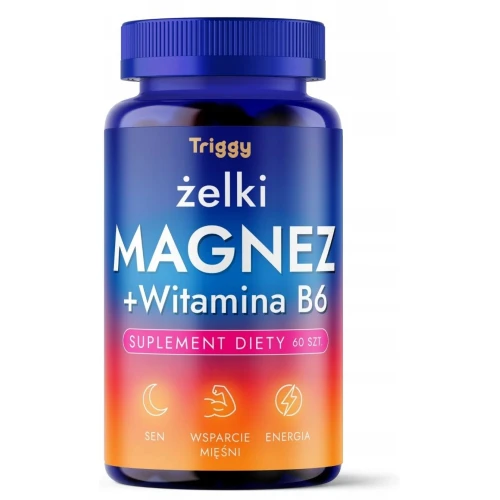 Triggy Magnez + Witaminą B6, smak malinowy, 60 żelek - Cytrynian magnezu przynosi ulgę przy skurczach mięśni
