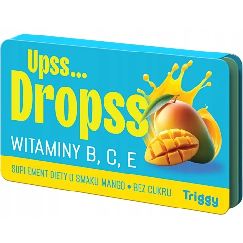 Triggy Upss Dropss Witaminy B, C, E bez cukru, smak mango, 15 pastylek do ssania - Uzupełniania dietę w witaminy B, C, E