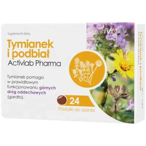 Activlab Pharma Tymianek i Podbiał, 24 pastylki do ssania - Kompozycja 20 ziół dba o prawidłowe funkcjonowanie górnych dróg oddechowych