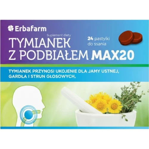 Tymianek z Podbiałem Max20, bez cukru, 24 pastylki do ssania - Ekastrakty z 20 ziół wspomagają funkcjonowanie gardła, krtani 