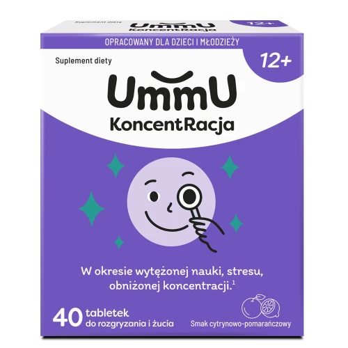 UmmU Koncentracja 12+, 40 tabletek do rozgryzania i żucia - W okresie wytężonej nauki, stresu i obniżonej koncentracji